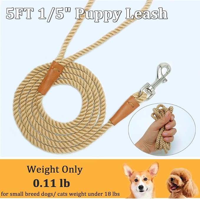 5FT Cotton Puppy Leash for Small Dogs, 1/5" Thin Braided Rope Dog Leash Lightweight & Soft for Tiny Breeds/Cats Daily Walks Training, Brown