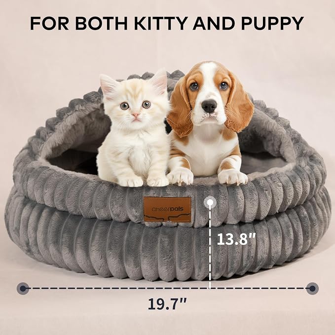 CHEERPALS Cat Cave Bed for Indoor Cats, Washable Covered Cat Bed Hooded Kitty Bed Soft Fluffy Pet Bed for Puppy and Small Dog(Dark Blue)