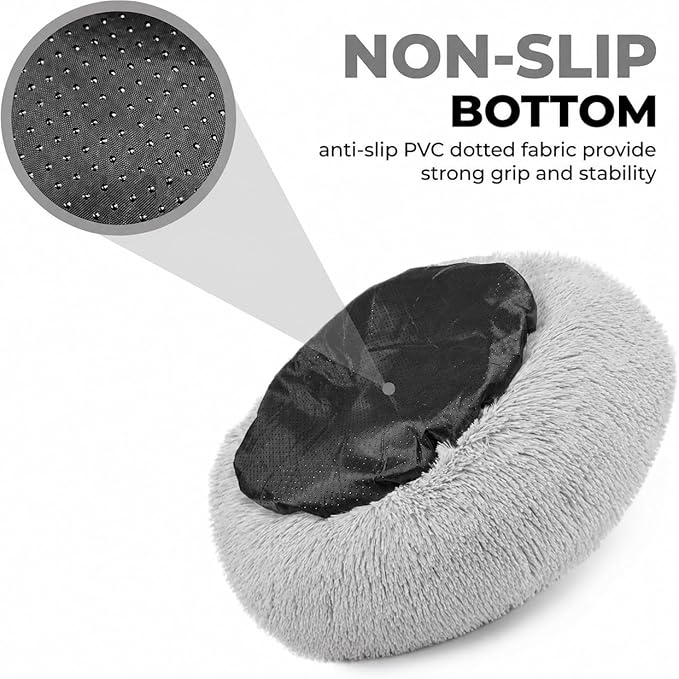 Whiskers & Friends Cat Beds for Indoor Cats, Fluffy Calming Donut Cat Bed, Small Dog Bed Washable - Orthopedic Soft Plush Pet Beds Sized for Kitten to Large Cats & Puppy to Small Dogs, Light Grey 23''