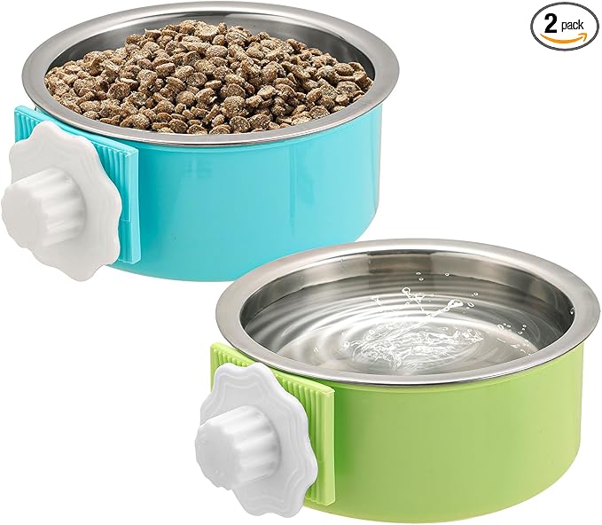 Mechpia 2 Pieces Crate Dog Bowl, Removable Stainless Steel Pet Kennel Hanging Food Water Feeder Bowl Cage Coop Cup for Puppy Medium Dog Cat Rabbit Ferret Bird (Blue,Green)