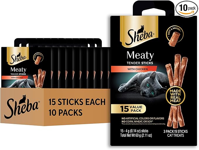 Sheba Meaty Tender Sticks Chicken Cat Treats, Chicken Flavor, Cat Snacks, 0.14 oz., 15 Count, Pack of 10 (150 Sticks Total)