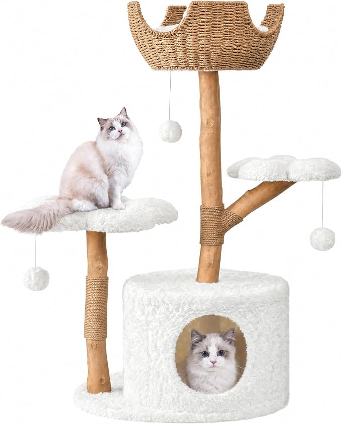 Easyego Modern Cat Tree, 40.5" Aesthetic Wood Cat Tree Tower for Large Cats, Luxury Cat Condo with Scratching Posts and Flower Platforms, Cat Furniture, White