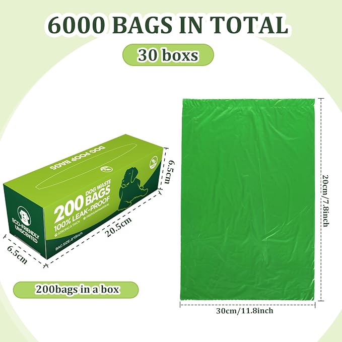 Harloon 6000 Counts Dog Poop Waste Bags Bulk, 30 Rolls Pet Waste Bags, Extra Thick Strong Leak Proof, for Walking, Travel, Park, Puppy Cleanup,Universal Doggy Rolls Waste-Box(Deep Green,12 x 8 Inches)