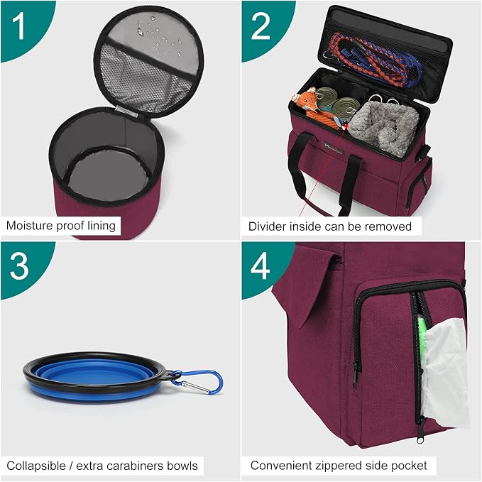 Airline Approved Pet Travel Bag, Weekend Travel Set for Dog and Cat, Airline Approved Tote Organizer with Multi-Function Pockets, 2 Dog Food Storage Containers, 2 Collapsible Bowls (Rose Red)