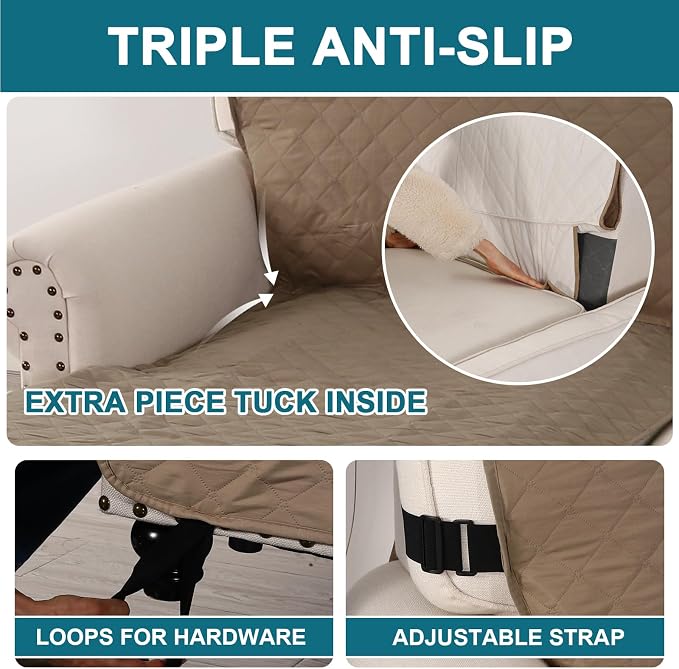 Turquoize 100% Waterproof Sofa Covers Chaise Lounge L Shape Sofa Protector Slip Cover Triple Non-Slip Sofa Slipcover for Chaise Sectional Couch Cover for Pets, Kids (Chaise, Taupe)