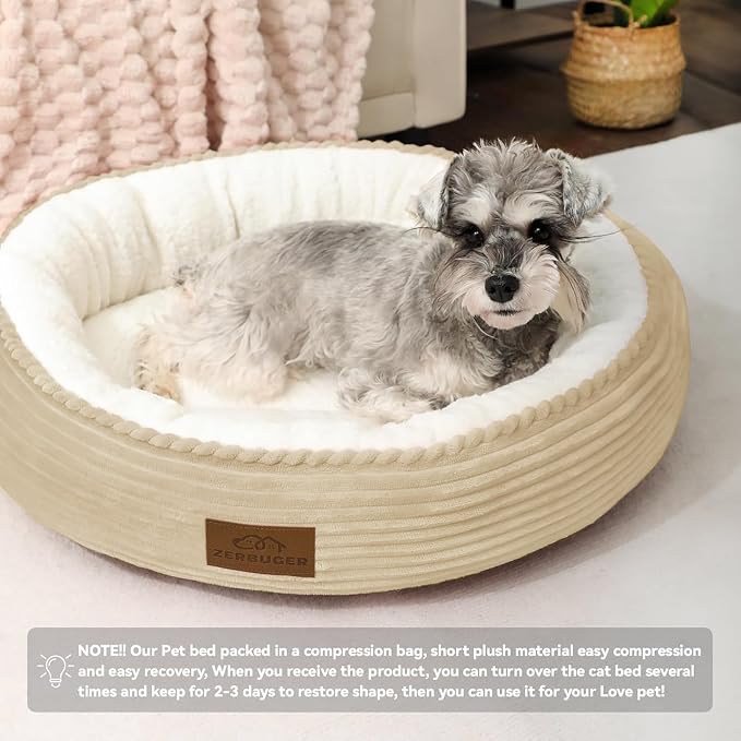 Zerbuger 20in Camel Round Cat Dog Bed Gift for Large Medium Small Dogs Cats, Machine Washable Sleeping Sofa, Non-Slip Bottom Breathable Soft Calming Pet Cuddler for Indoor/Outdoor/Car/Cage