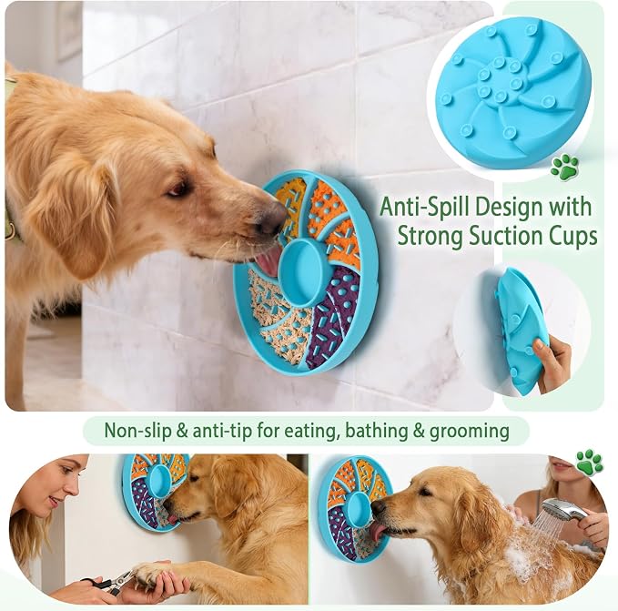 Silicone Dog & Cat Slow Feeder Bowl Lick Mat with Strong Suction Cups, Anti-Spill Design, Multi-Textured, Extend Mealtime, Reduce Anxiety, Dishwasher Safe, All Breeds & Ages (Blue)