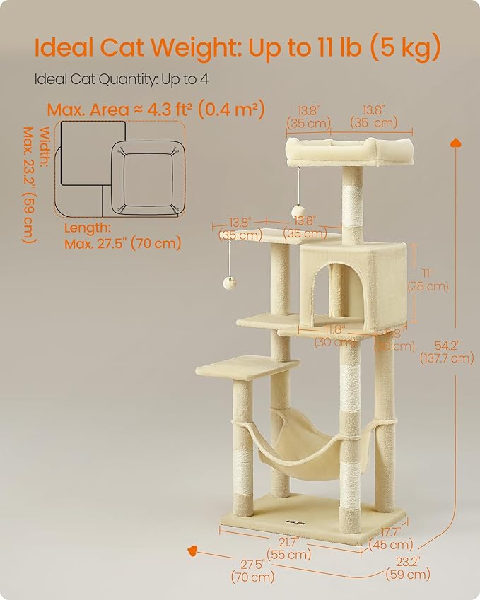 Feandrea Cat Tree, 54.2-Inch Cat Tower, Plush Multi-Level Condo with 4 Scratching Posts, 2 Perches, Hammock, Cave, Beige UPCT161M01
