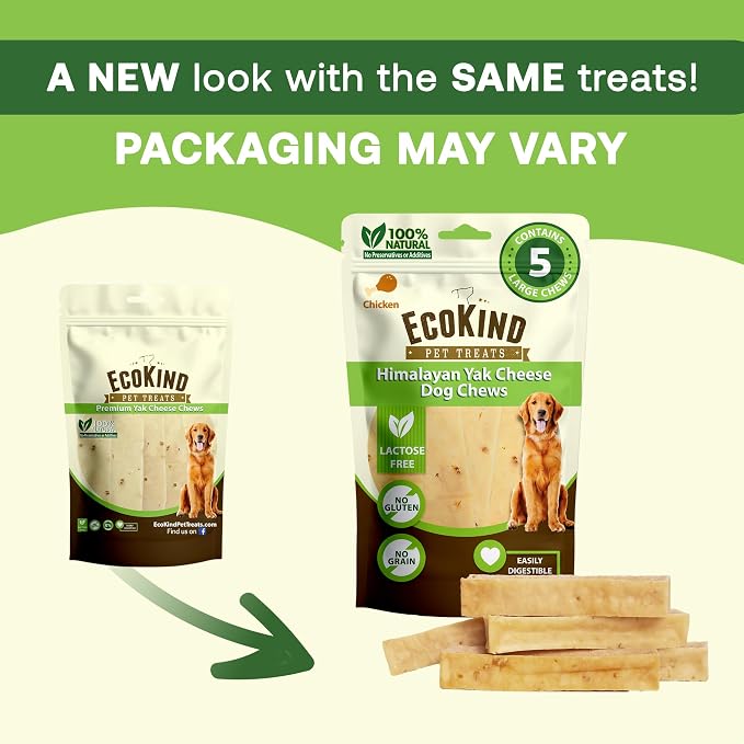 EcoKind Yak Cheese Himalayan Dog Chews, Yak Chews for Large Dogs, Long Lasting Bone for Aggressive Chewers, Only 4 Ingredients, Natural High Protein Dog Treats, No Additives, Chicken, Large - 3 Chews