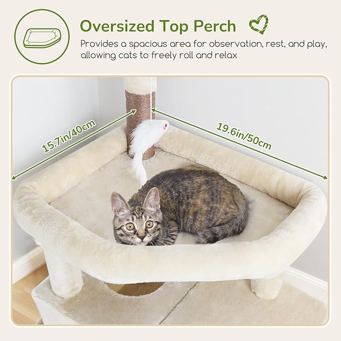 Globlazer 74in Cat Tree for Indoor Cats Large Adult, Heavy Duty Cat Tower with 5 Sisal Scratching Posts, 2 Caves, Oversized Top Perch, Hanging Basket, F74B, Beige