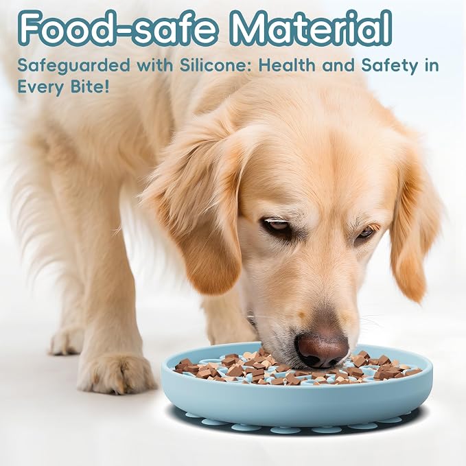 Silicone Slow Feeder Dog Bowl – Sky Blue Bone Pattern | Food-Grade Non-Slip Dog Dish for Anti-Bloat, Fast Eating Prevention, 7.5” x 1.5”, Dishwasher Safe