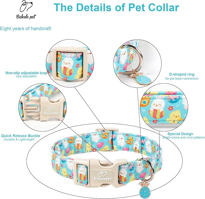 Easter Dog Collar for Small Dogs - Cute Easter Egg Hunt Dog Collars for Boy Girl Dogs, Playful Bunny & Chick Print, Lightweight Adjustable Spring Holiday Dog Collar S