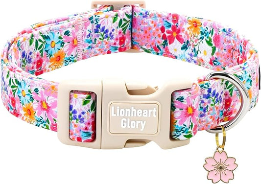 Lionheart Glory Spring Summer Dog Collar - Soft and Adjustable Dog Collars with Plastic Buckle Colorful Wildflower Pattern Dogs Collar for Large Dogs Male Female Pet Collars L