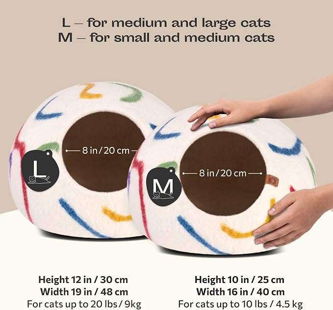 MEOWFIA Cat Cave – Premium Felt Cat Enclosure for Indoor Cats, Handmade Merino Wool (Ivory Rainbow, Large)