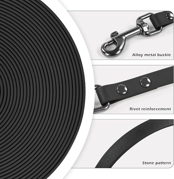 WOLFONE Waterproof PVC Dog Leash, Long Training Lead 50FT, Heavy Duty Tangle-Free Nylon Core, Easy Clean Rubber Coated Leash for Small Medium Large Dogs, Outdoor Training