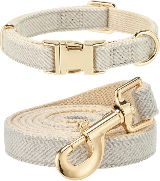 Soft Dog Collar and Leash Set Adjustable Woven Tweed Dog Collars with Metal Buckle and Lead for Small Medium Large Dogs,Grey