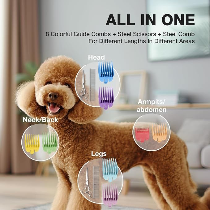 Dog Clippers for Grooming for Thick Heavy Coats, Professional Low Noise Pet Grooming Clippers Supplies Kit Rechargeable Stainless Steel Hair Trimmer with Ceramic Blade for Dogs Cats Animals