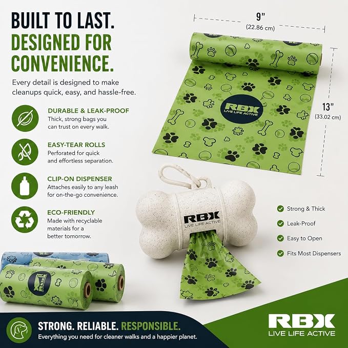RBX Dog Poop Bags Rolls with Holder for Leash, 240 Poop Bags for Dogs with Clip-On Dispenser, Durable Leak-Proof Waste Bags, 16 Refill Rolls, Recyclable Material