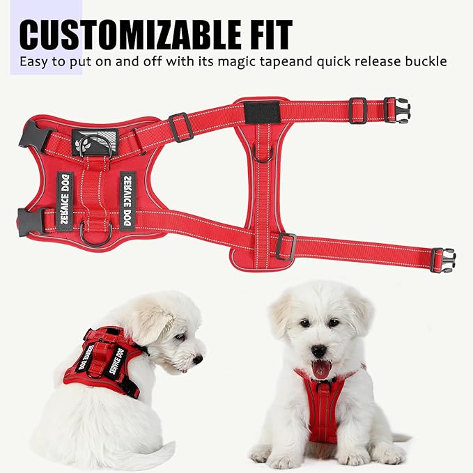 Service Dog Harness, Reflective Dog Vest Harness with 5 PCS Patches, Adjustable Soft Oxford Pet Harness, Inner Layer Mesh, Easy to Control for Dogs (All-RED, X-Small (Pack of 1))