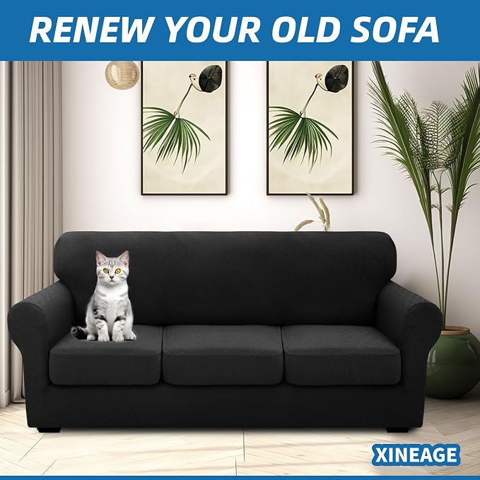 XINEAGE 2026 New 4 Pieces Extra Large Couch Covers for 3 Cushion Sofa Super Stretch Sofa Cover for 3 Large Seat Cushion Universal Fitted Slip Cover for Living Room (Black), 91"-110"(3 Cushions)