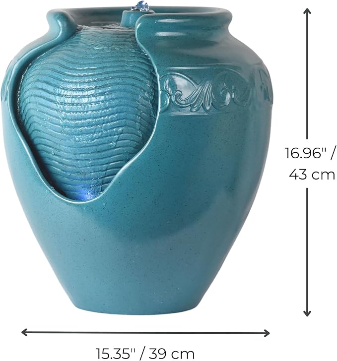 Teamson Home Floor Glazed Pot Water Fountain with Built-in LED Light and Pump for Outdoor Indoor Patio Garden Backyard Decking Home Décor, 17 inch Height, Teal