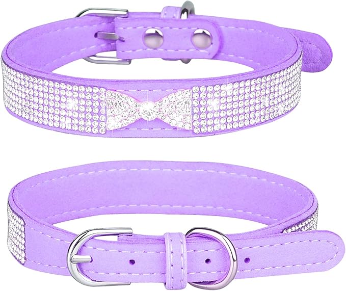 Rhinestone Dog Collar, Cute Dazzling Sparkling Soft Suede Leather Dog Cat Rhinestone Collar Crystal Diamond Pet Dog Puppy Collar (XS, Purple-2)