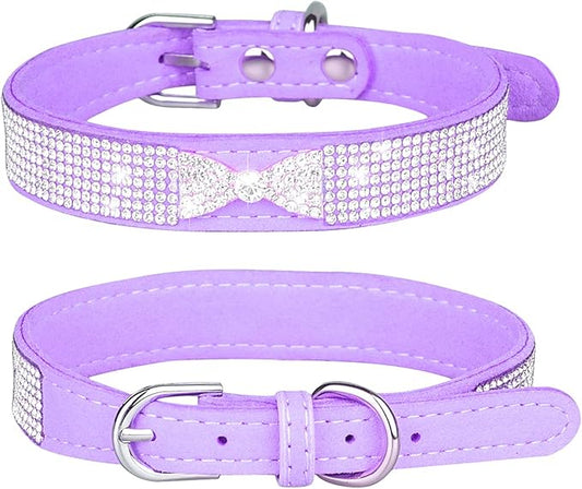 Rhinestone Dog Collar, Cute Dazzling Sparkling Soft Suede Leather Dog Cat Rhinestone Collar Crystal Diamond Pet Dog Puppy Collar (XS, Purple-2)