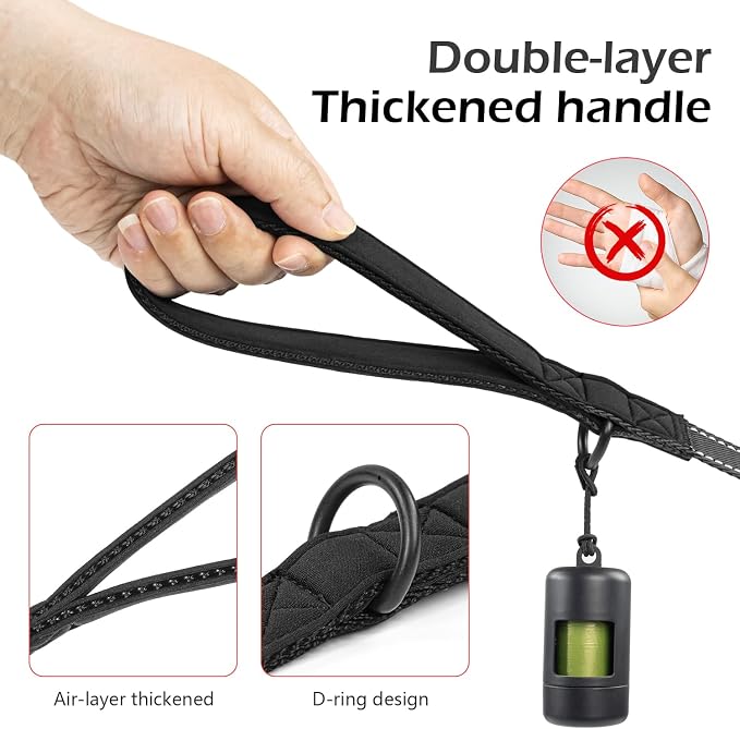 Reflective Double Handle Dog Leash for Large Dogs, Heavy Duty Adjustable Leash with Soft Padded Handles, Traffic Control Training Lead for Walking, Running (Black, 6ft)