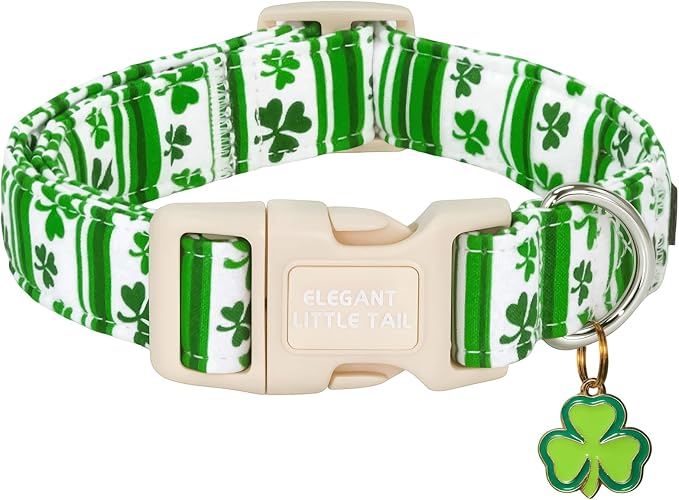 Elegant little tail St Patrick's Dog Collar - Green Cute Clover Cotton Shamrock Pet Collar Trefoil Adjustable Cotton Pet Collar with Quick Release Buckle for Large Dogs