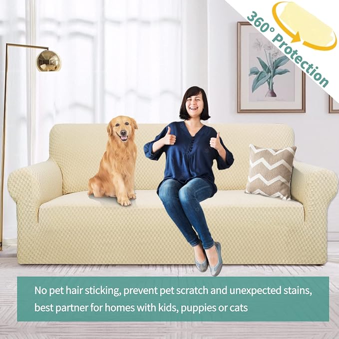 YEMYHOM Couch Cover Latest Jacquard Design High Stretch Sofa Covers for 3 Cushion Couch, Pet Dog Cat Proof Slipcover Non Slip Magic Elastic Furniture Protector (Sofa, Beige)