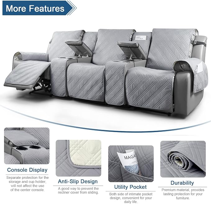 TAOCOCO 100% Waterproof Recliner Couch Covers with Console, Sofa Covers for Reclining Sofa 3 Seat with Straps Design, Split Recliner Sofa Cover Furniture Pets Kids Protector (3 Seater, Gray)