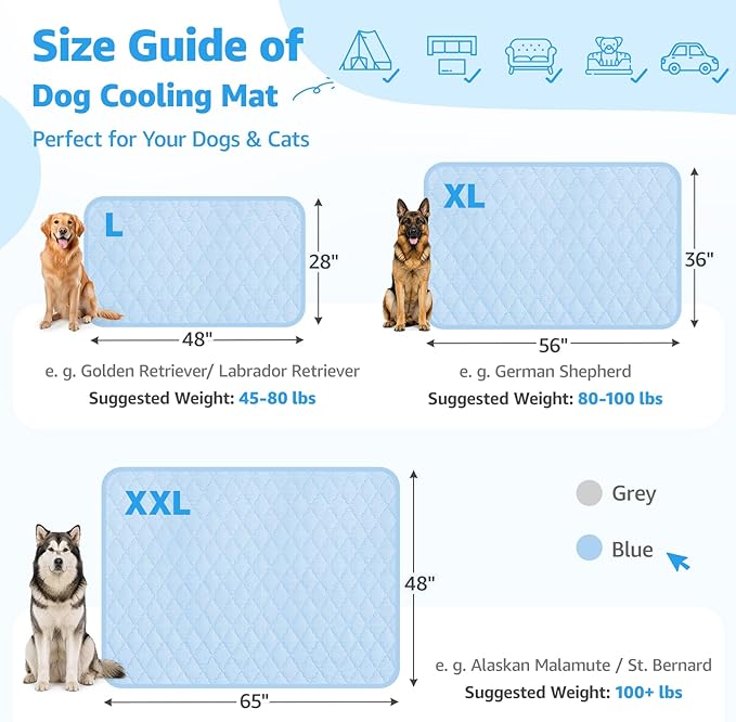 LOOBANI Dog Cooling Mat for Large Dogs 48"x28"- Cooling Pad for Dog, Cool Blanket for Dogs Machine Washable, Pet Cool Mat for Indoor, Outdoor, Couches, Crates, Car Seats for Trips (Blue, 48"x28")