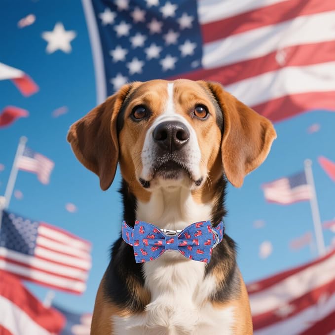 Maca Bates American Flag 4th of July Dog Collar with Bow Tie for Dogs Bowtie 4 of 7 Flags Blue Adjustable Durable Patriotic Collars USA Independence Day Gift for Small Medium Large XL Boy Girl Puppy