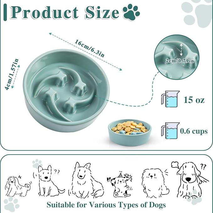 Ceramic Slow Feeder Dog Bowls, 0.6 Cups Dog Food Dish for Small and Medium Breed, Puzzle Dog Food Bowl for Fast Eater, 15OZ, 6.3 inch(Light Green)