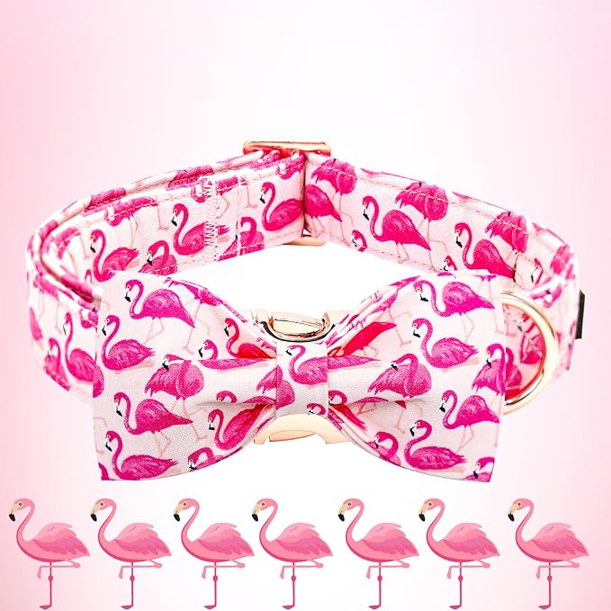Elegant little tail Dog Collar, Pink Flamingos Dog Collar with Bow Girl Cotton Bowtie Spring Pet Collars Gift Adjustable Pet Collars for X-Small Dogs