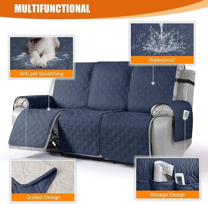 VANSOFY Waterproof Recliner Couch Covers, Sofa Covers 1-Piece Washable Reclining Sofa Cover Non-Slip Furniture Protector with Elastic Straps Pocket for Dogs, Pets(Navy Blue,3 Seater)