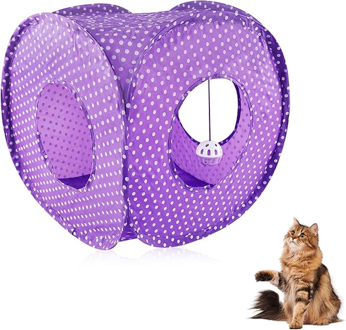 Andiker Cat Tent, 3 Holes Safe and Strong Cute Cats Tunnel Collapsible Easy to Carry Cat House for Indoor Cats Kittens Hiding Playing Training Sleeping (Square Purple)