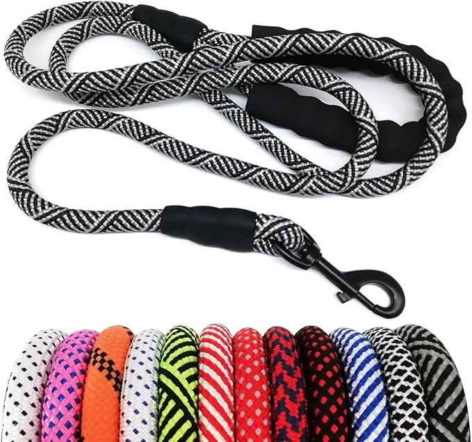 MayPaw Heavy Duty Rope Dog Leash, 3/4/6/7/8/10/12/15/20/30 FT Nylon Pet Leash, Soft Padded Handle Thick Lead Leashes for Large Medium Dogs (Black, 1/2" * 10')