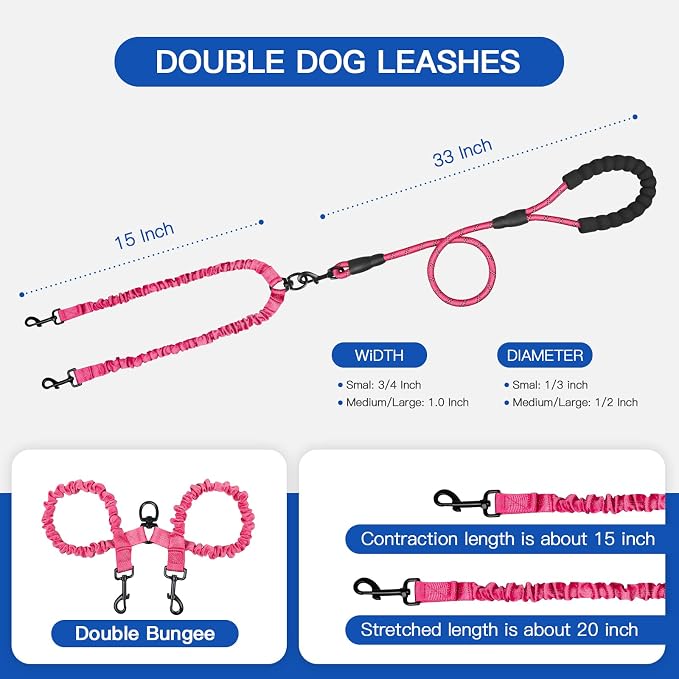 MingXpets Double Dog Leash, Dual Dog Leash, 360° Swivel Tangle Free Bungee Walking Training for Large Medium Dogs, Shock Absorbing Bungee Reflective for Two Dogs, 18~120 lbs, Pink