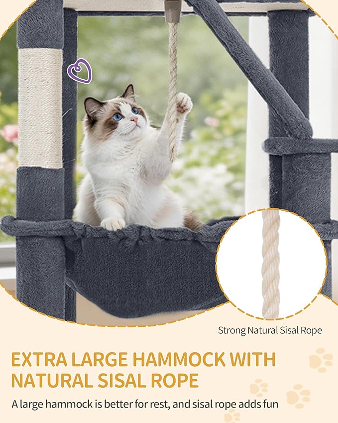 Hzuaneri Large Cat Tree, 72 Inch Tall Indoor Cat Tower for 6 Large Cats, Corner Climbing Activity Pet Condo with 2 Large Platforms/2 Cats House/6 Scratching Post/1 Hanging Basket, Dark Gray MS18318SG