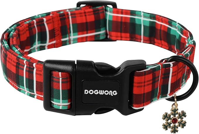 DOGWONG Christmas Plaid Dog Collar- Cute Red Christmas Checked Dog Collars Adjustable Grid Dog Collar for Small Medium Large Dogs M