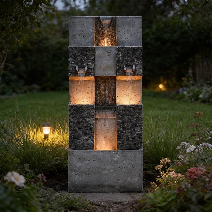 Sunlinua 45H Modern Grid Outdoor Water Fountain with LED Light Garden Cascading Waterfall Feature for Indoor or Outdoor Cascading Waterfall for Relaxing Garden Patio Backyard Deck Porch or Home Décor