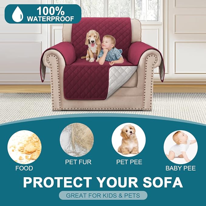 Turquoize 100% Waterproof Sofa Covers Chair Cover Slipcover Couch Protector Triple Non-Slip Sofa Slipcover for 1 Cushion Furniture Protector for Pets, Kids,Dog (Chair 23", Burgundy)