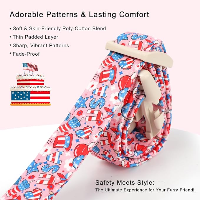 4th of July Dog Collar, Cute Pink Patriotic Dog Collars for Large Dogs - Independence Day Girly Pup Collars, Soft Adjustable Flag Day Female Dog Collar L