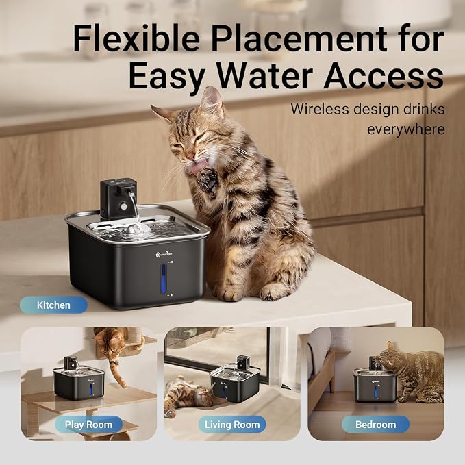 DownyPaws Cat Water Fountain Stainless Steel Wireless, 101 oz/3L FurSink Cordless Water Fountain for Cats, Battery Operated Cat Fountains for Drinking with Motion Sensor, Easy Clean, Black