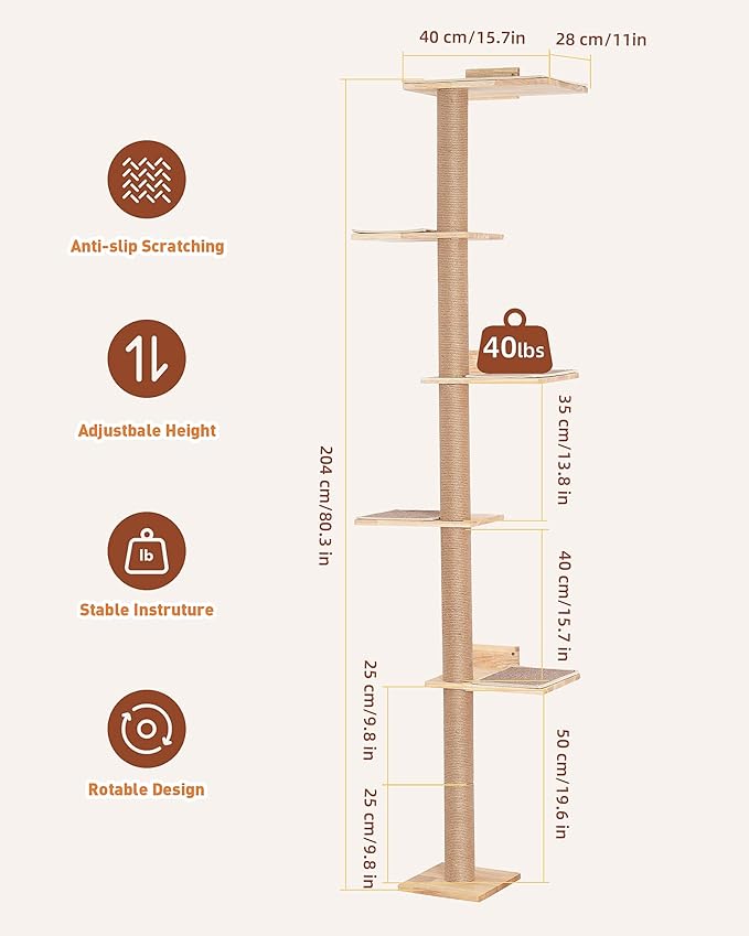 80.3" Tall Cat Tree for Wall, 5 Tier Floor to Ceiling Cat Tree, Adjustable Wall Mounted Cat Tree with 15.7" Top Perch Bed for Large Adult Cats