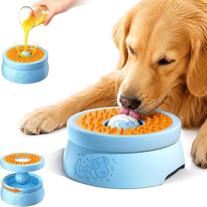 Slow Feeder Dog Bowl, 2-in-1 Interactive Dog Slow Feeder with 360° Rolling Ball for Yogurt, Wet Food & Liquid Treats, Spill-Resistant Anti-Slip Feeding Bowl for Dogs & Cats, Easy-Clean(Blue)