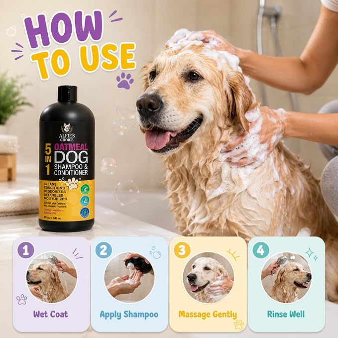 Oatmeal Dog Shampoo and Conditioner 32 fl oz | 5 in 1 Puppy Shampoo for Itchy Sensitive Skin | Dog Wash with Aloe, Biotin & Vitamin E | Cleans, Deodorizes & Moisturizes | All Breeds | ALFIE'S CHOICE