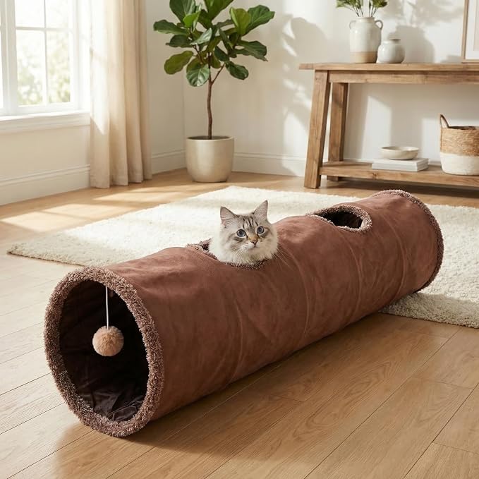 ZENFUN 51"x 12" Collasiple Cat Play Tunnel, Cats Tubes and Tunnels, Cat Foldable Hide and Seek Tunnel Toy, Brown Suede Pet Tube Toy for Rabbits, Ferrets, Puppy, Diameter 12 Inch