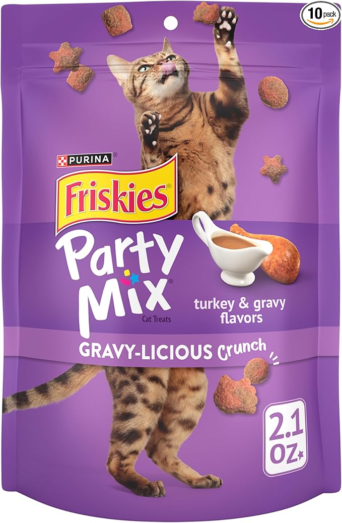 Purina Friskies Cat Treats, Party Mix Gravy-licious Crunch Turkey and Gravy Flavors - (Pack of 10) 2.1 oz. Pouches